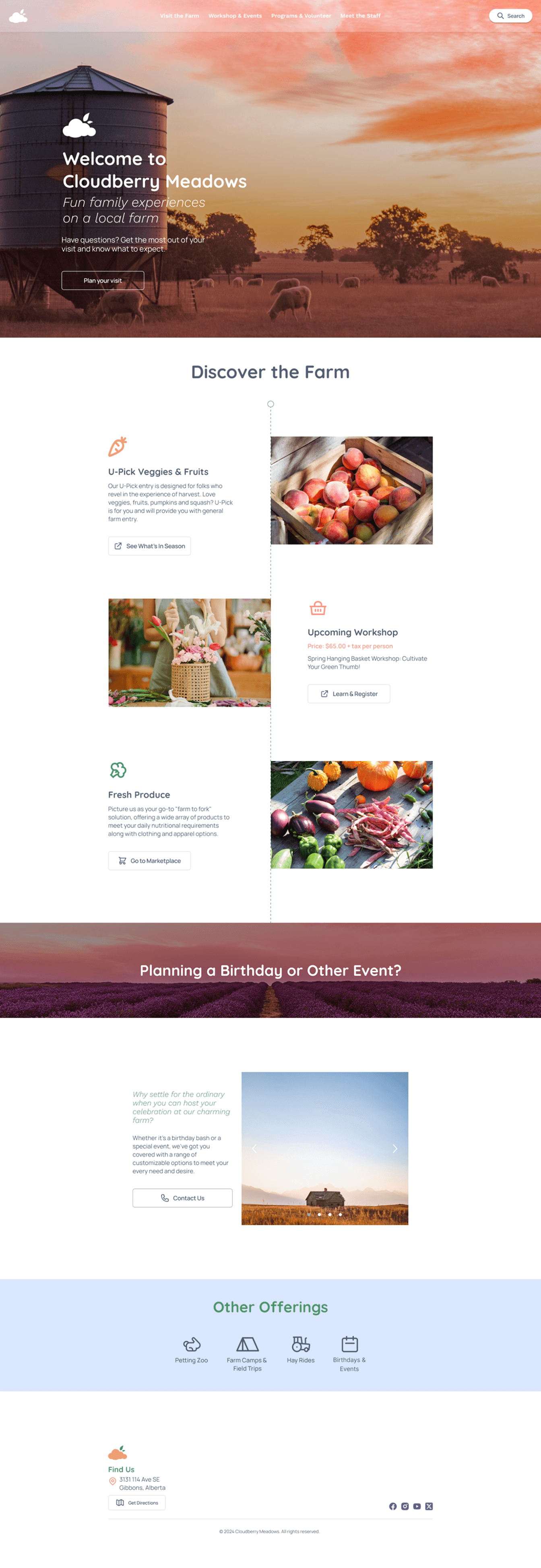 landing page of cloudberry meadows desktop view