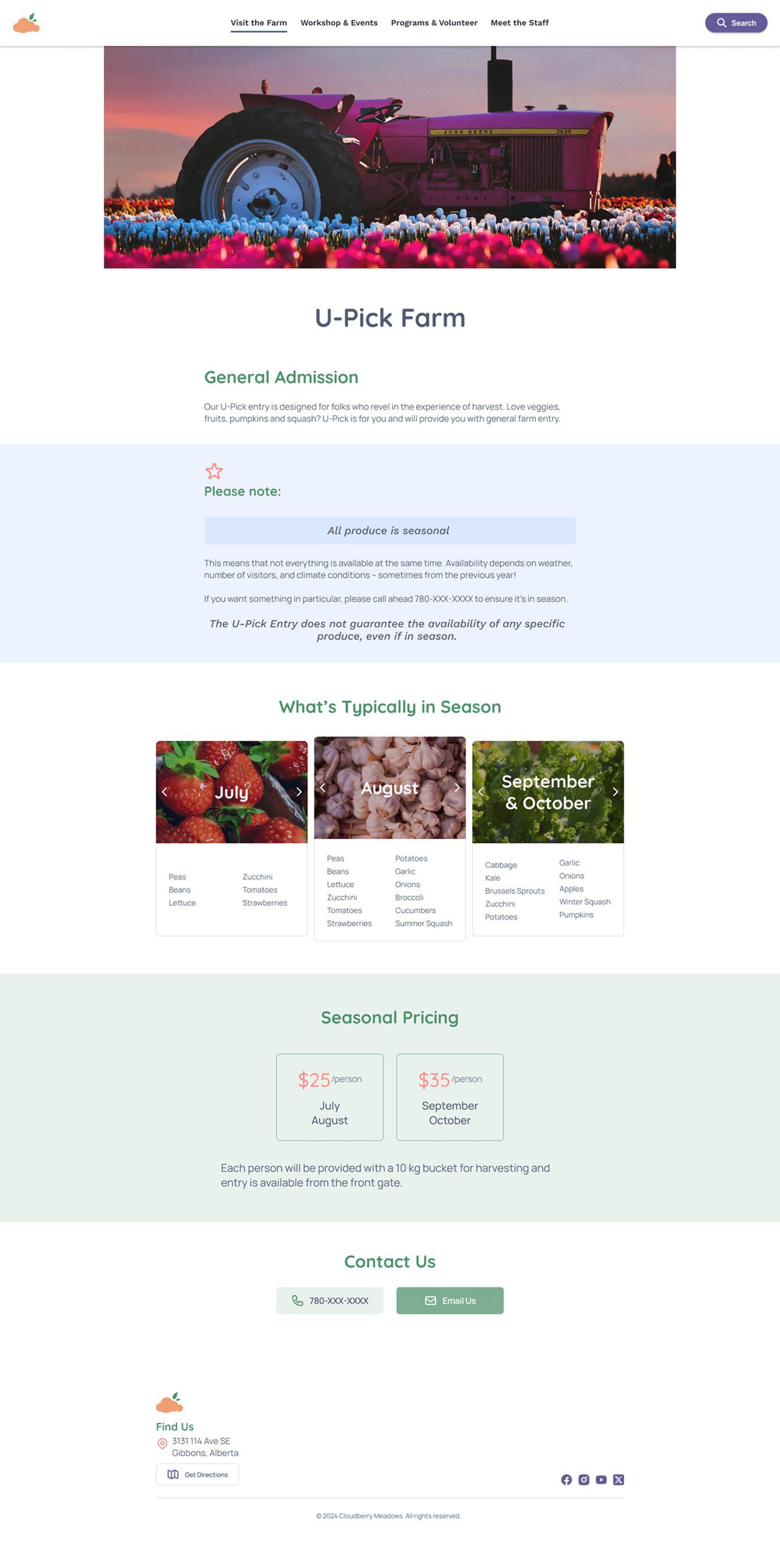 u-pick farm page of cloudberry meadows desktop view