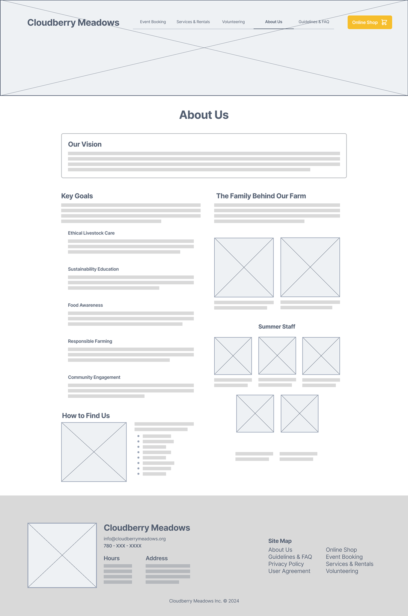 about page of cloudberry meadows desktop wireframe