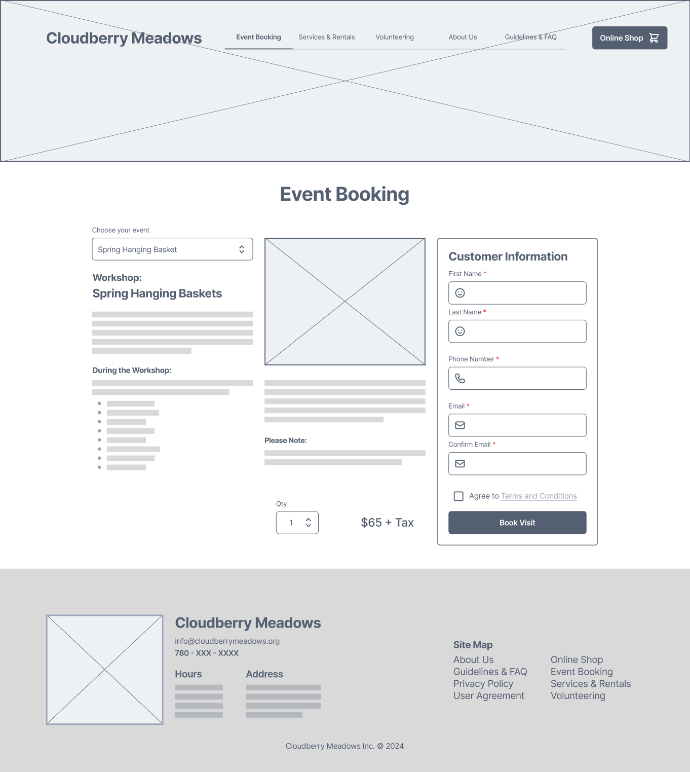 booking page of cloudberry meadows desktop wireframe