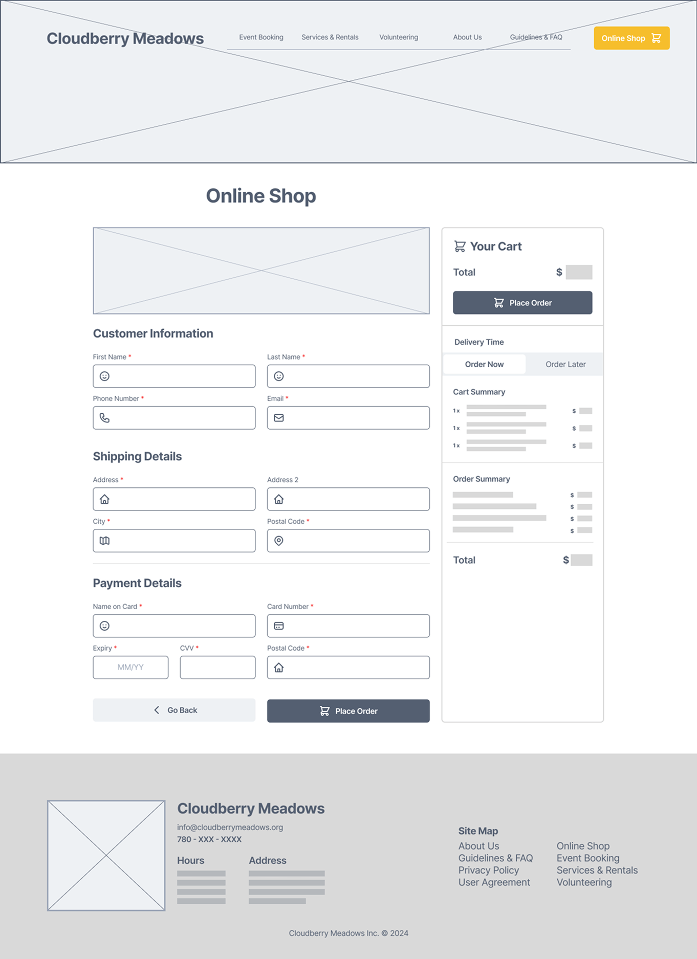 checkout page of cloudberry meadows desktop wireframe