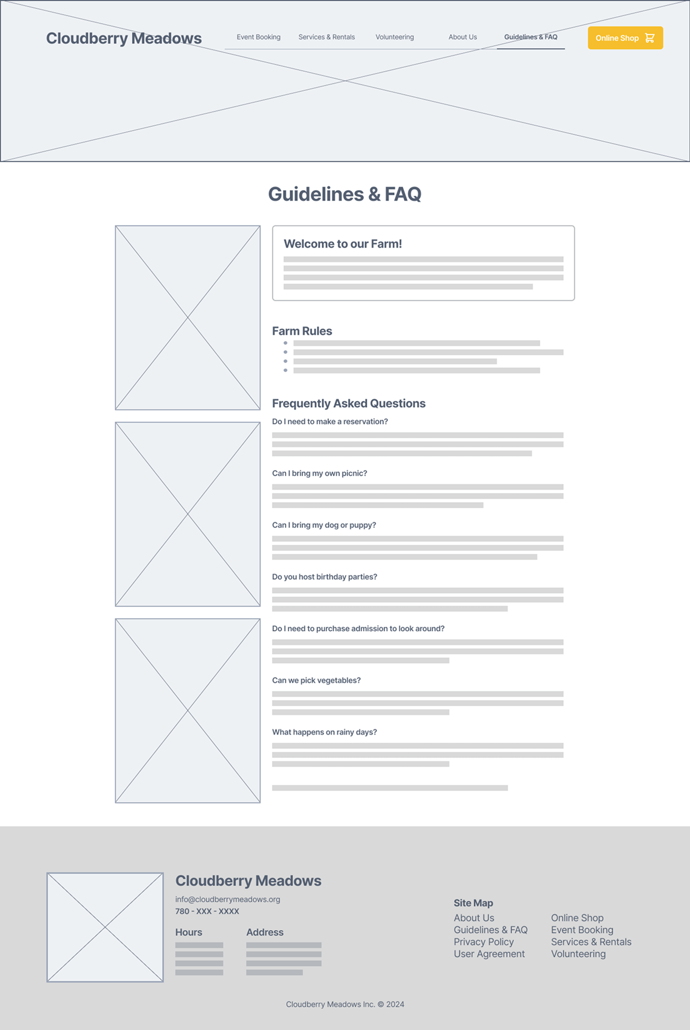 guidelines and faq page of cloudberry meadows desktop wireframe