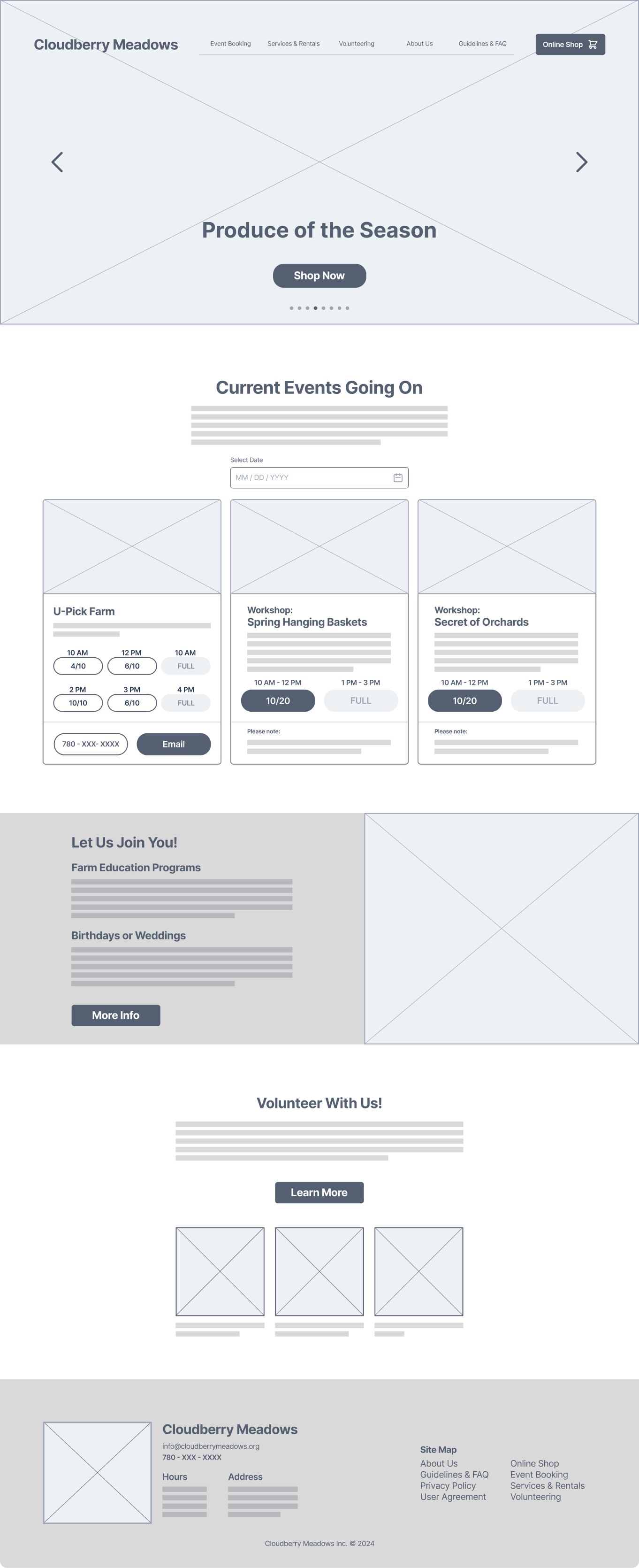 landing page of cloudberry meadows desktop wireframe