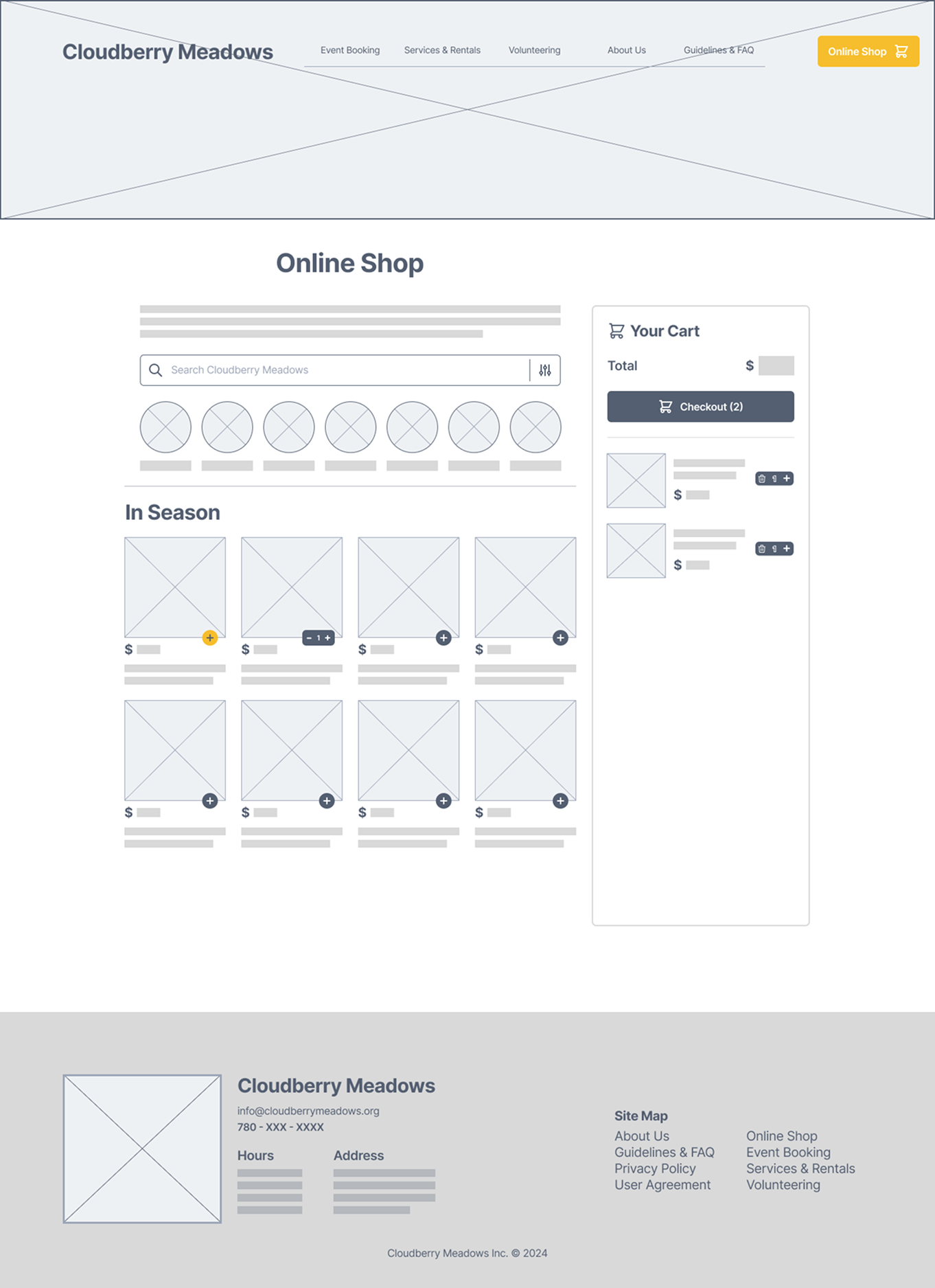 shop page of cloudberry meadows desktop wireframe