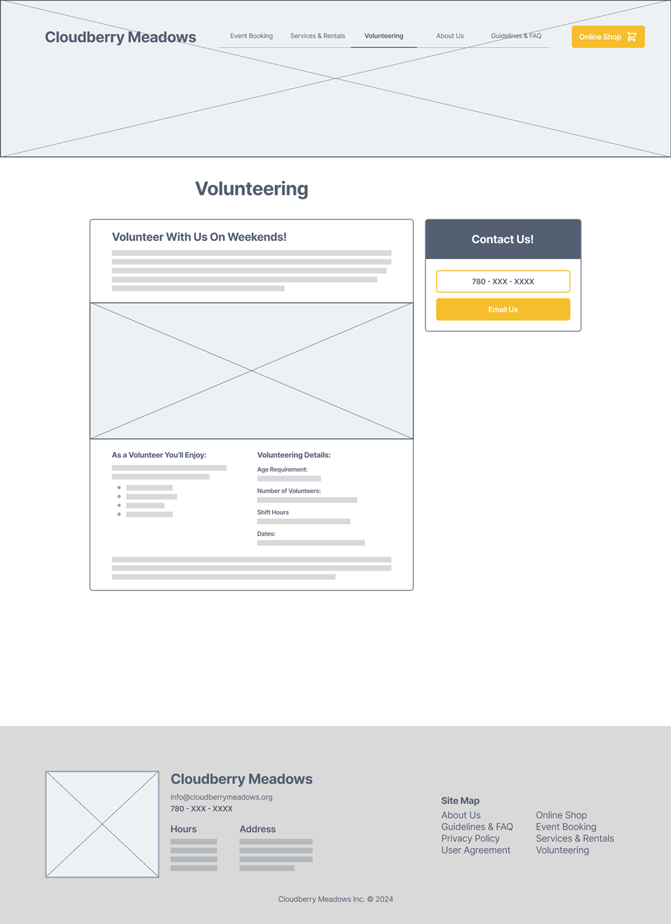 volunteering page of cloudberry meadows desktop wireframe