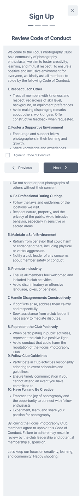 code of conduct page of focus photography prototype