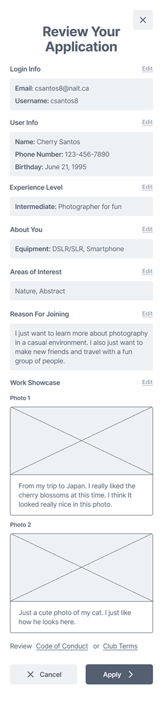 application review page of focus photography prototype
