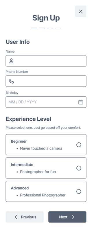 application review page of focus photography prototype